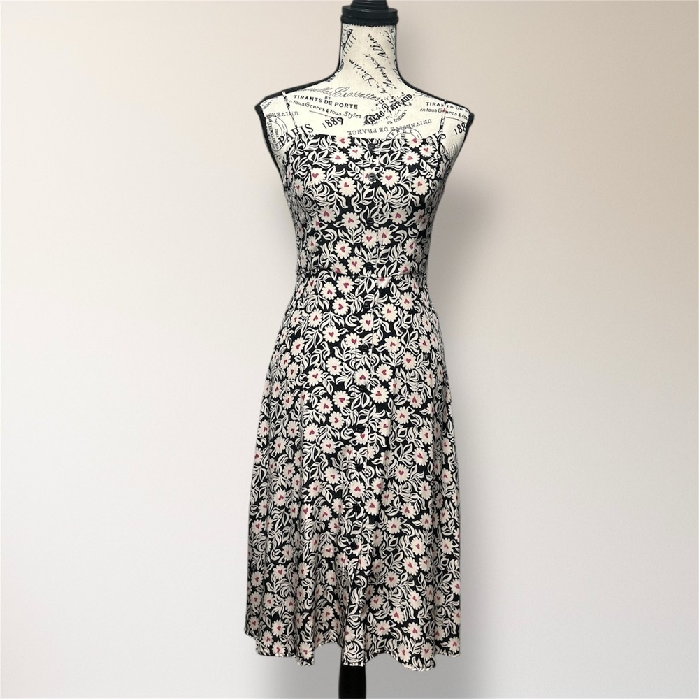 HVN Black Silk Heart Floral Midi Dress 2 Button Front Spaghetti Strap Cocktail